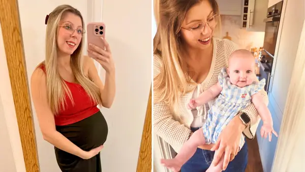 Amy Thorpe when she's pregnant (left) and holding her baby (right)