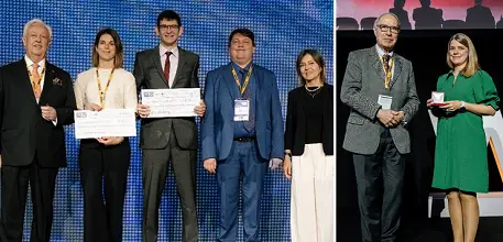 Left: Dr Leo Westbury receiving his award, Right: Dr Elizabeth Curtis receiving her award