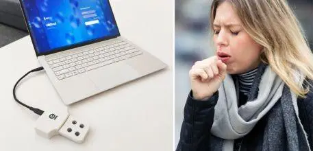 The test device plugged into a laptop, alongside a photo of someone coughing.
