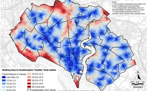 Heat map of Southampton showing walking distances to food outlets offering healthy choices