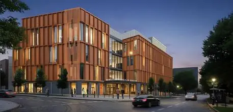 The design for the new IMI building, shown at night time