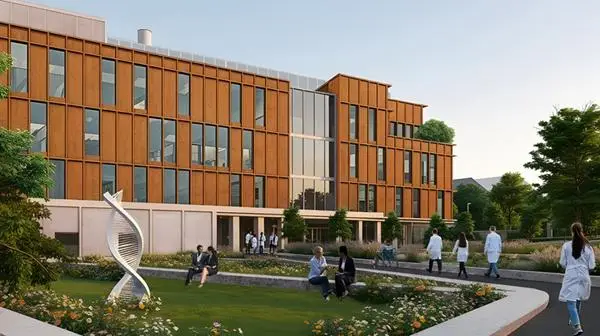 The design for the new IMI building, shown in the daytime, with a DNA double helix statue