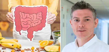 Left: Person holding gut diagram. Right: Professor Jonathan Swann