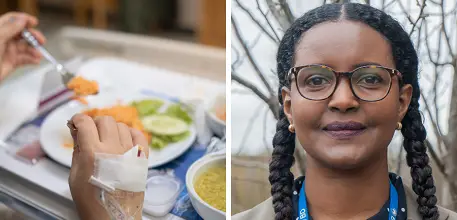 Left: Patient eating hospital food. Right: Kabale Oke