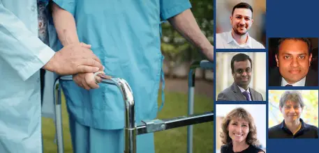 A hospital patient using a zimmer frame (left), with photos of five of the researchers (right)