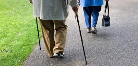 Older people walking along a path, one with two sticks.