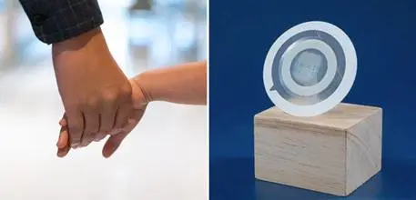 Left image: Parent and child holding hands in hospital corridor. Right image: the circular peanut patch