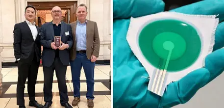 Left: Dr Yang Wei, Prof Neil White and Dr Harry Akerman. Right: PneumoRator sensor