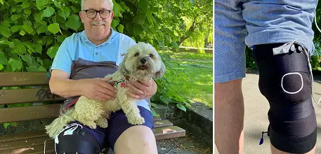 Left: Steve Marsh and Bentley. Right: Close up of Mike Coyne wearing knee sleeve